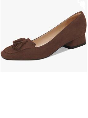 YDN Brown Block Low Heel Loafer Square Toe Tassel Fringe Pump Slip On Dress Shoe